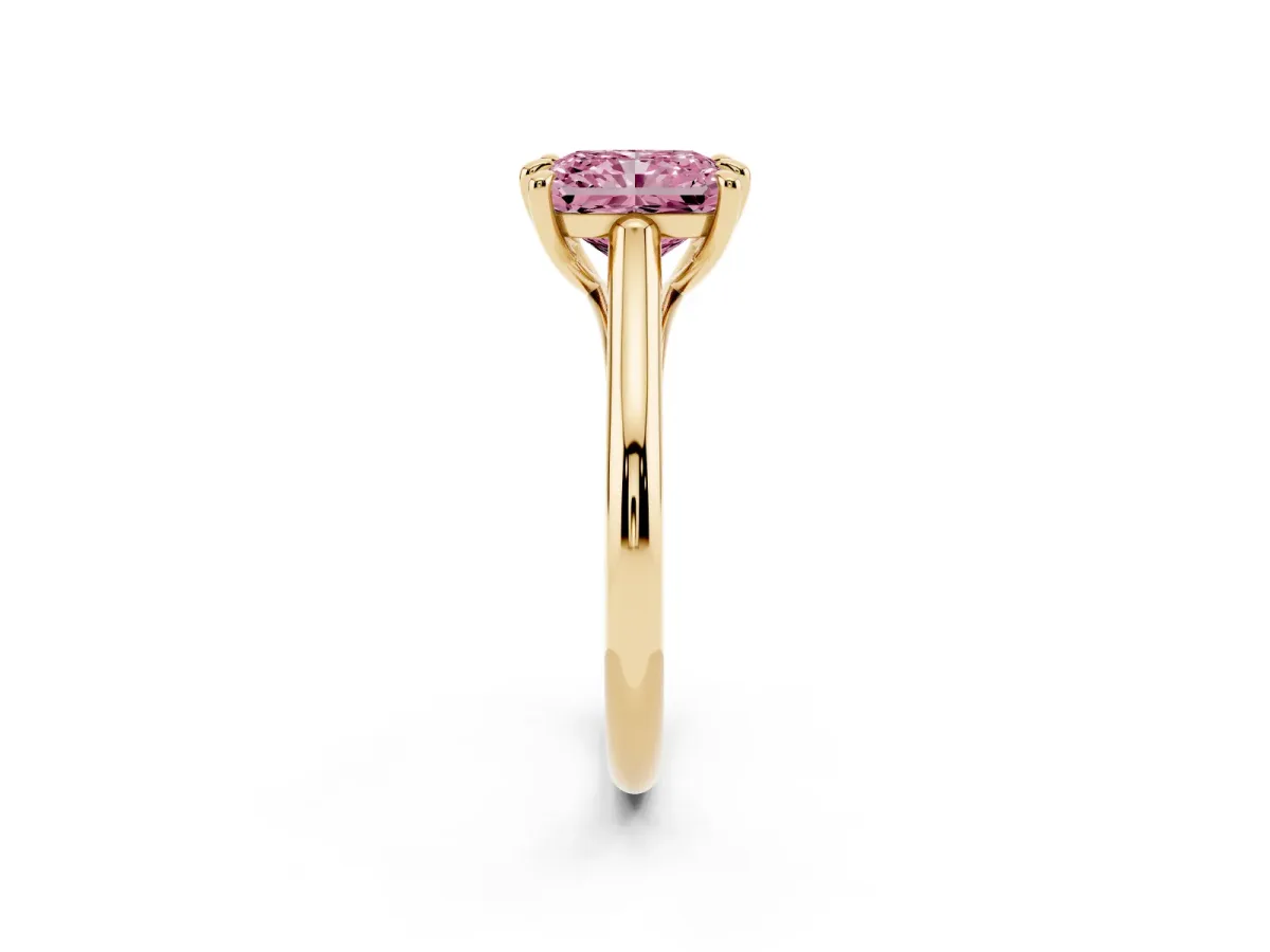 Fancy Pink Radiant Cut Solitaire Engagement Ring with Six-Prong Setting and Classic Band Yellow gold