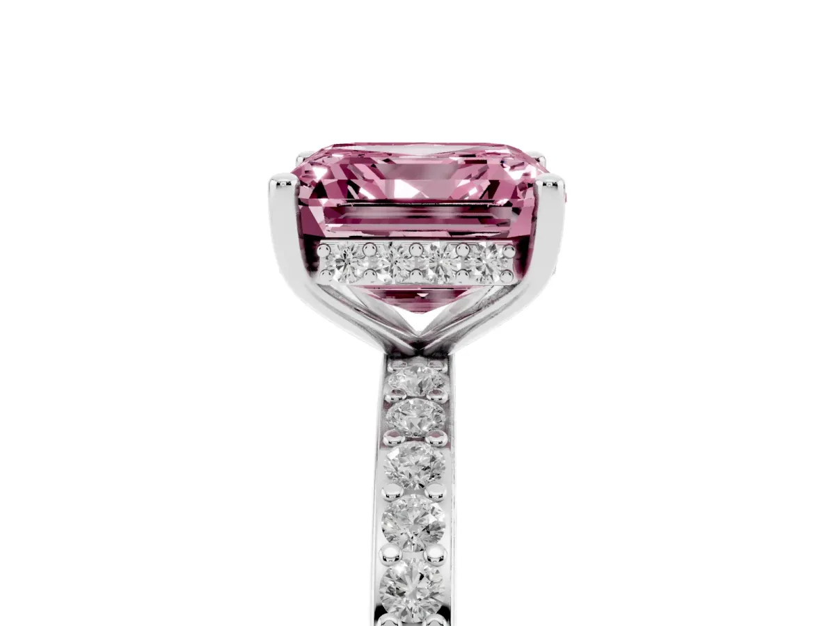 Fancy Pink Asscher Cut Cut Diamond Pavé Band Ring with Four-Prong Setting Platinum