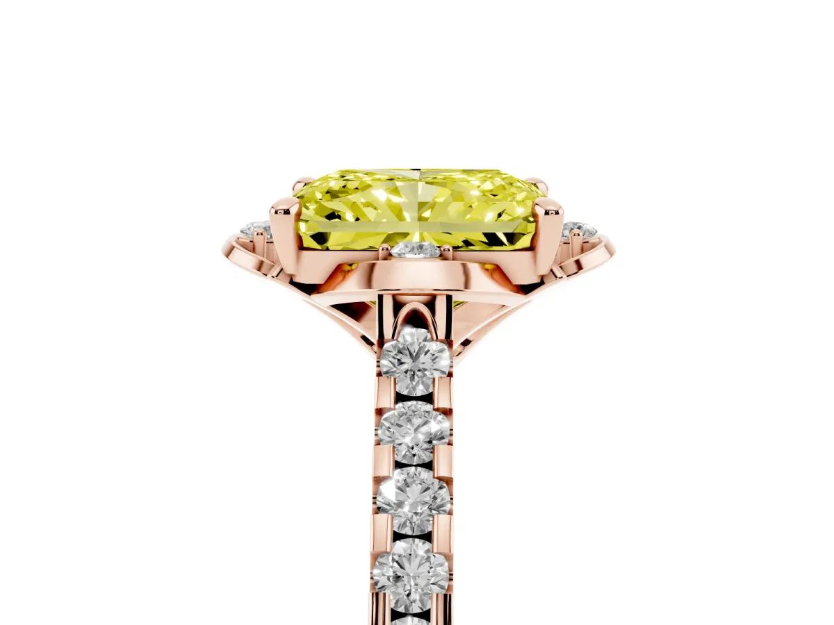 Fancy Yellow Radiant Cut Diamond Ring with Pavé Band and Floral Prong Setting Rose gold