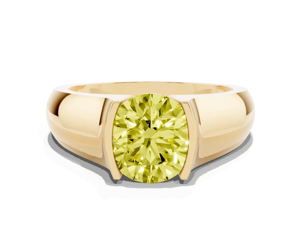 Fancy Yellow Round Cut Solitaire Bezel Set Diamond Ring with Wide Band Yellow gold