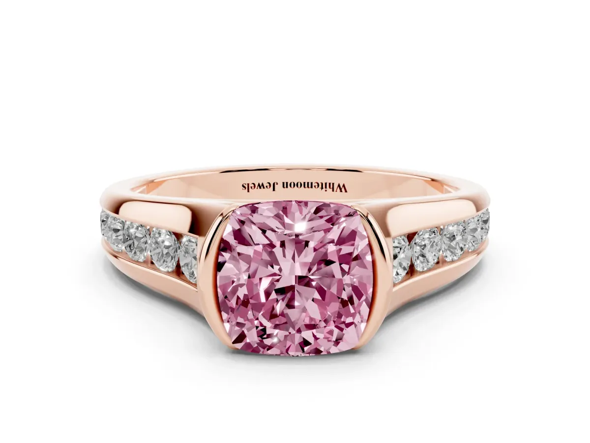 Fancy Pink Cushion Cut Solitaire Bezel-Set Diamond Ring with Channel-Set Band Rose gold