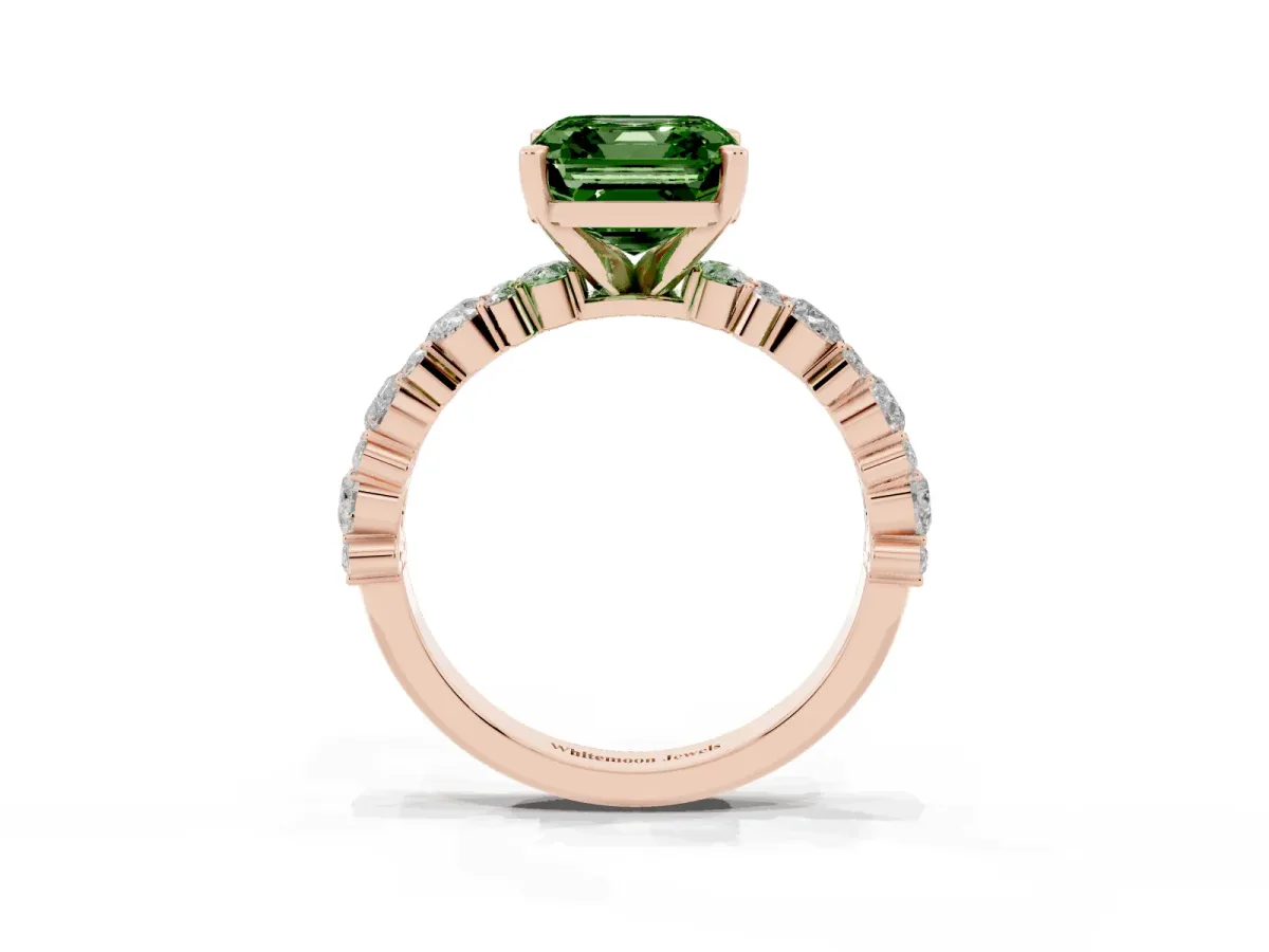 Fancy Green Asscher Cut Diamond Side Stone Solitaire Ring with Round and Four-Prong Setting Rose gold