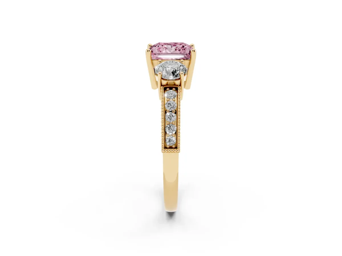 Fancy Pink Princess Cut Three-Stone Diamond Ring with Pavé Band and Four-Prong Setting Yellow gold