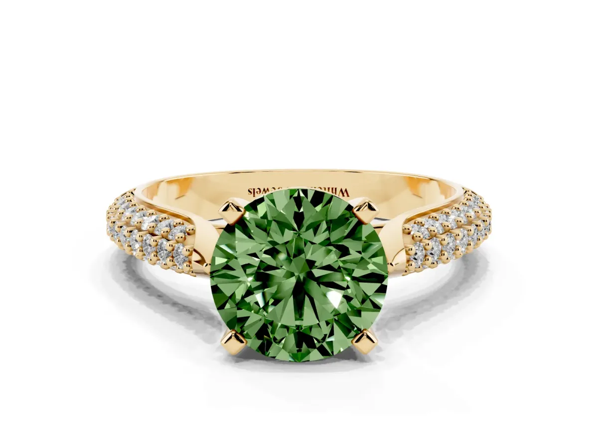 Fancy Green Round Cut Diamond Solitaire Engagement Ring with Multi-Row Round Pavé Band and Prong Setting Yellow gold