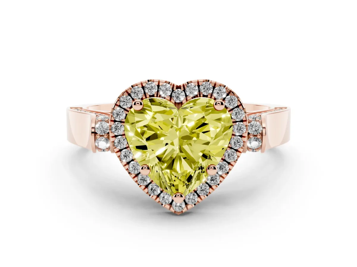 Fancy Yellow Heart Cut Halo Round Diamond Twist Band with Four-Prong Setting Rose gold