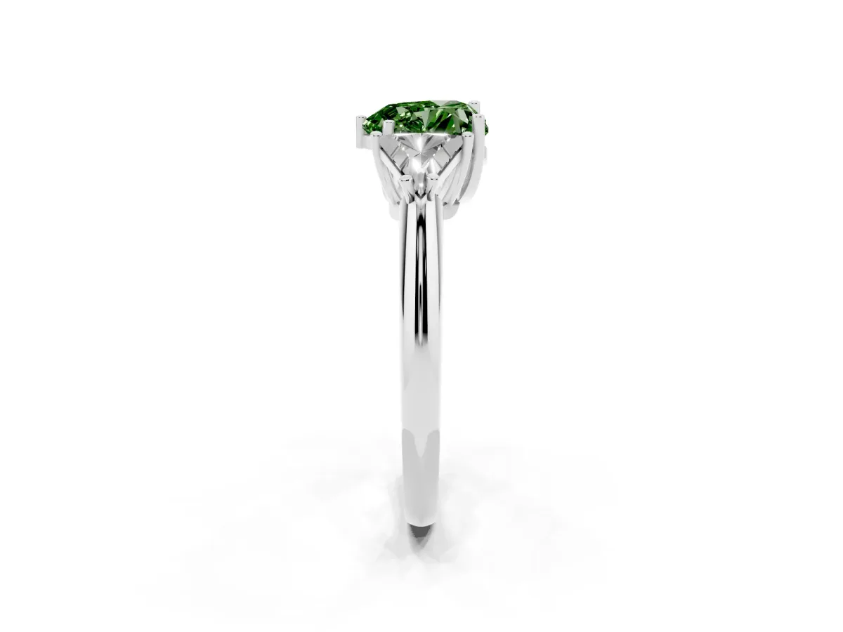 Fancy Green Three-Stone Heart Cut Diamond Engagement Ring with Trillion Side Stones and Prong Setting Silver