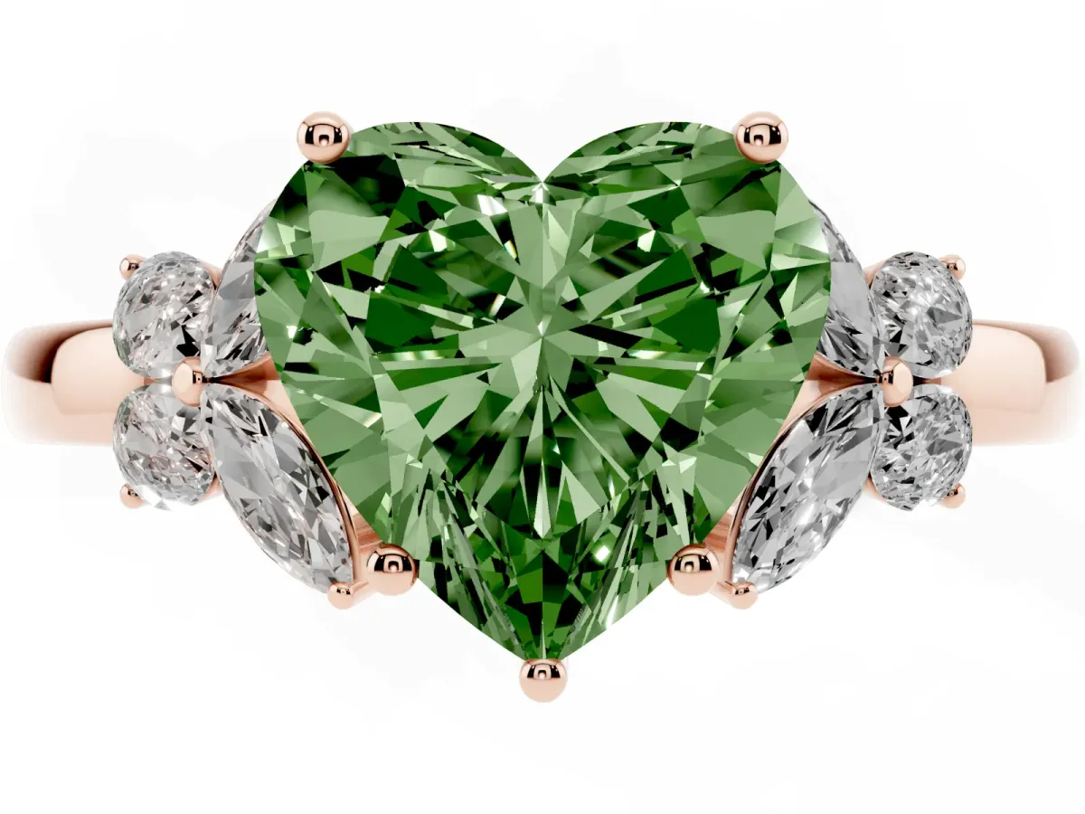 Fancy Green Heart Cut Cut Solitaire Floral Diamond Ring with Four-Prong Setting Rose gold