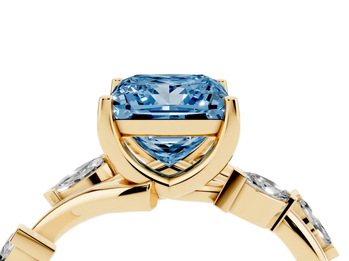 Fancy Blue Princess Cut Solitaire Twisted Band Marquise Accent Prong Setting Ring Yellow gold