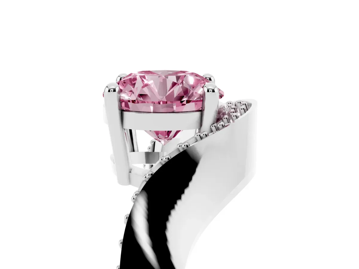 Fancy Pink Round Cut Solitaire Diamond Engagement Ring with Pave Band and Four-Prong Setting Platinum
