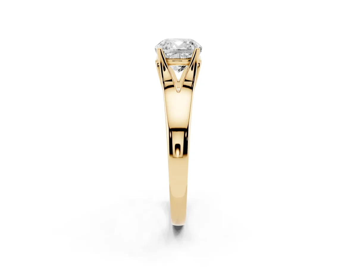Cushion Cut Solitaire Diamond Ring with Cathedral Band and Four-Prong Setting Yellow gold