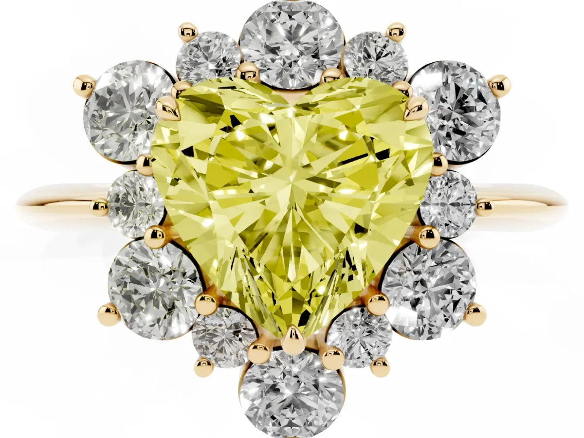 Fancy Yellow Heart Cut Diamond Cluster Halo Ring with Solitaire Band and Four-Prong Setting Yellow gold