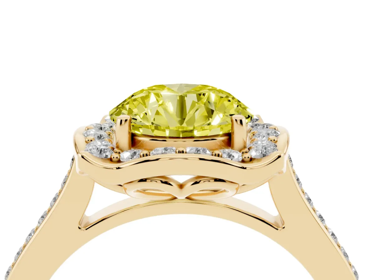 Fancy Yellow Round Cut Halo Round Diamond Pave Band with Four-Prong Setting Yellow gold