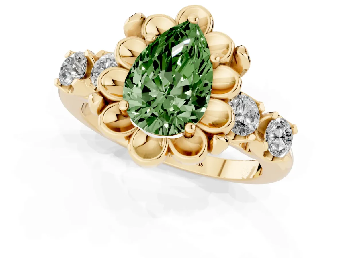 Fancy Green Pear Cut Cut Diamond Floral Halo Engagement Ring with Shared Prong Setting Yellow gold