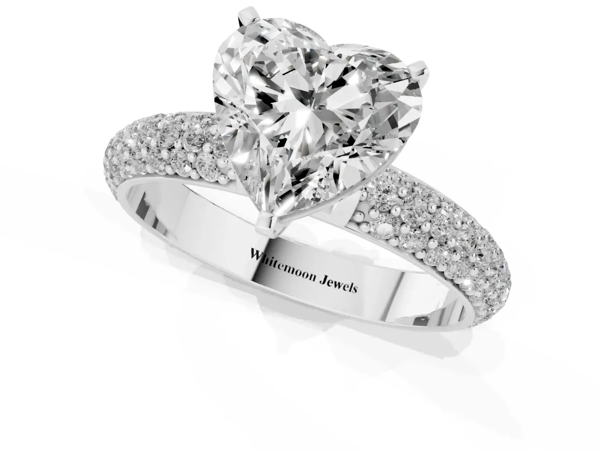 Heart Cut Diamond Solitaire Ring with Prong Setting and Pavé Band Silver