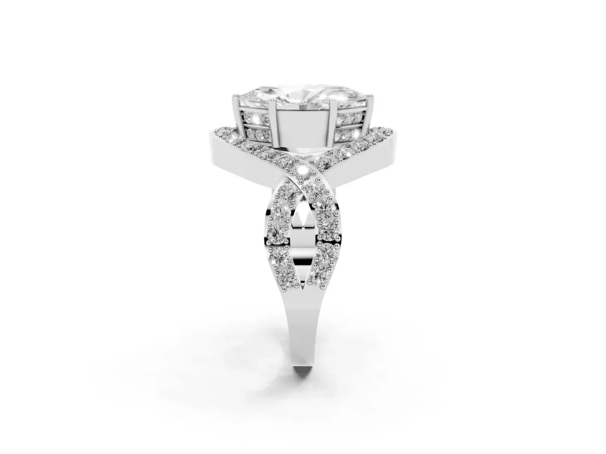 Marquise Cut Solitaire Twist Band Pavé Diamond Engagement Ring Silver