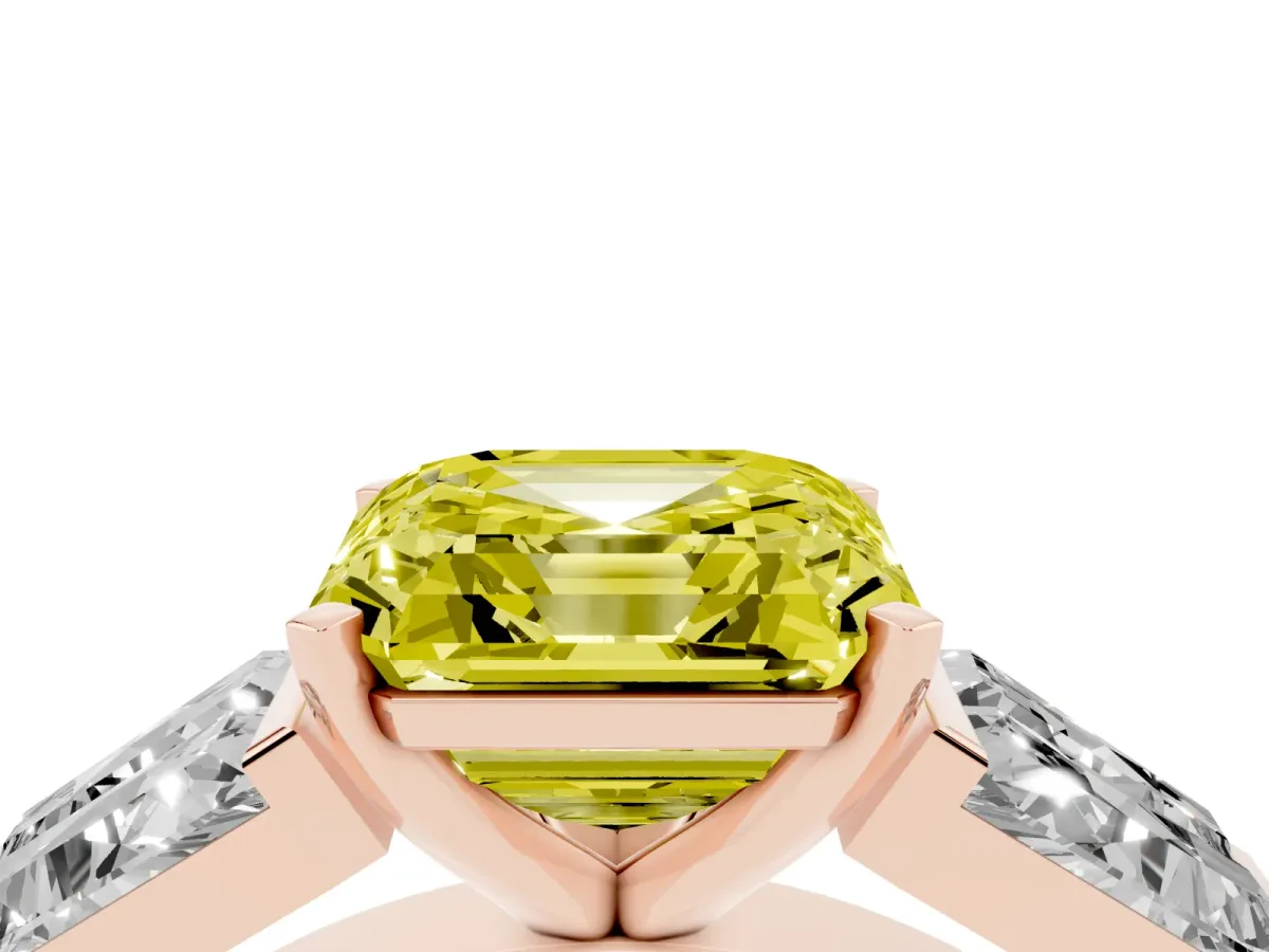 Fancy Yellow Asscher Cut Diamond Engagement Ring with Baguette Side Stones and Channel Set Band Rose gold