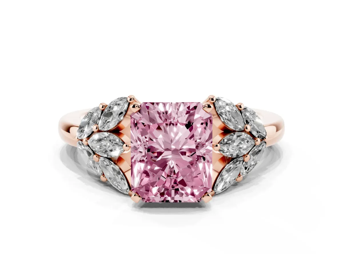 Fancy Pink Radiant Cut Diamond Cluster Leaf Design Ring with Prong Setting Rose gold