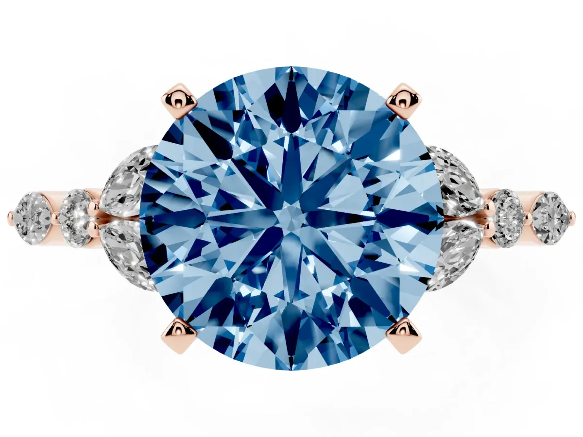 Fancy Blue Round Cut Diamond Solitaire Ring with Side Stones and Four-Prong Setting Rose gold