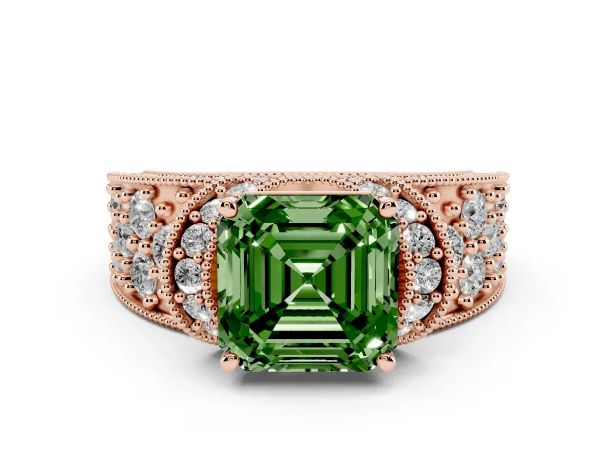 Fancy Green Asscher Cut Halo Pave Diamond Engagement Ring with Milgrain Detailing Rose gold