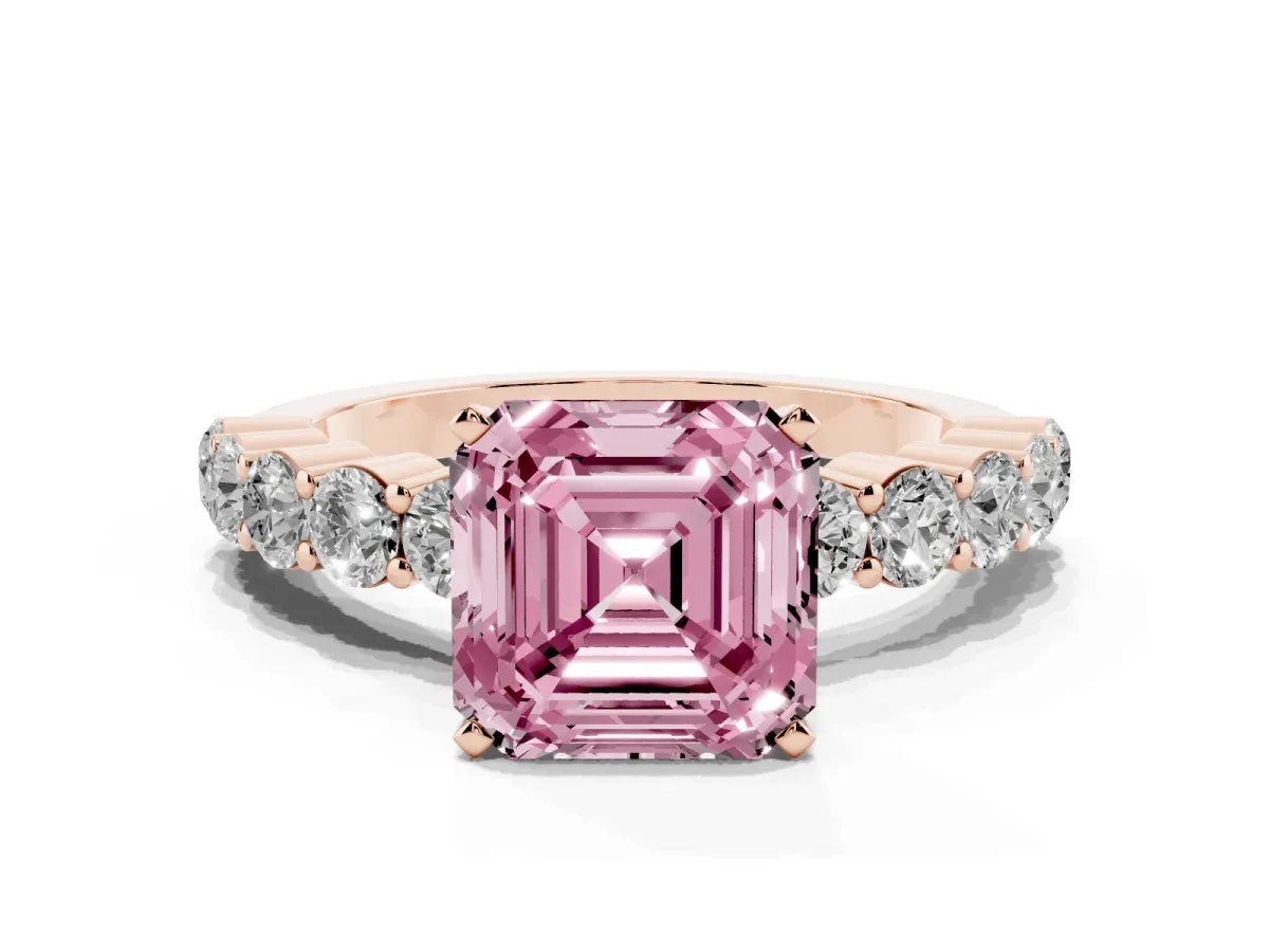 Fancy Pink Asscher Cut Diamond Solitaire Ring with Shared Prong Round Side Stones Rose gold