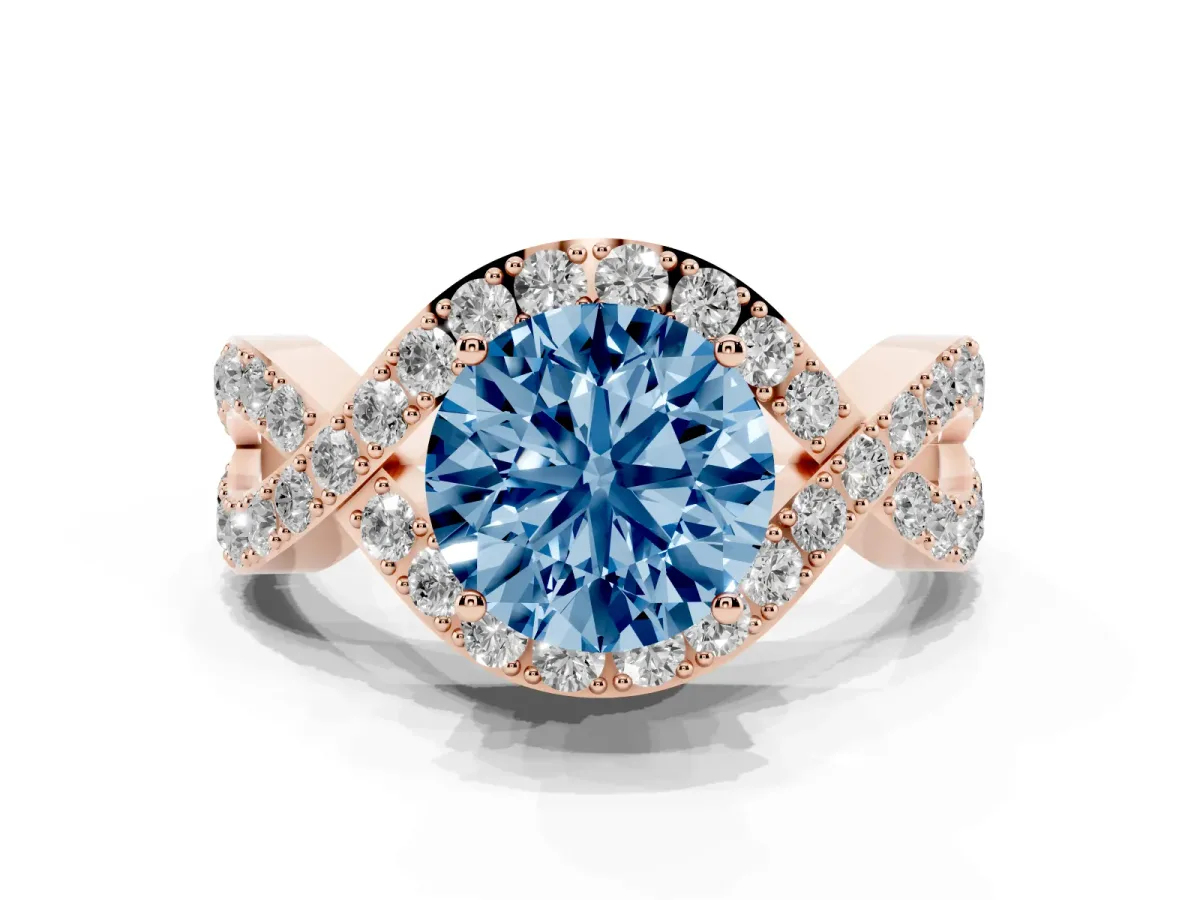 Fancy Blue Round Cut Solitaire Twist Band Pavé Diamond Engagement Ring Rose gold