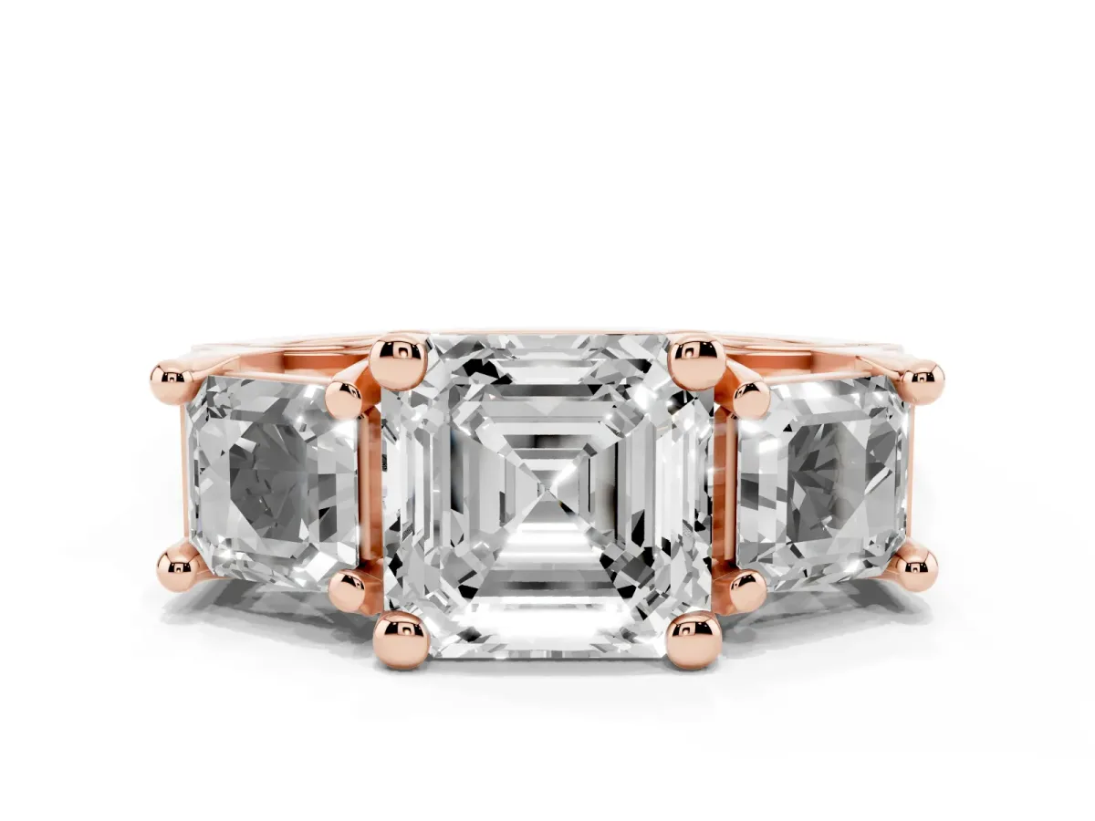 Asscher Cut Diamond Three-Stone Ring with Channel Set Band and Four-Prong Setting Rose gold