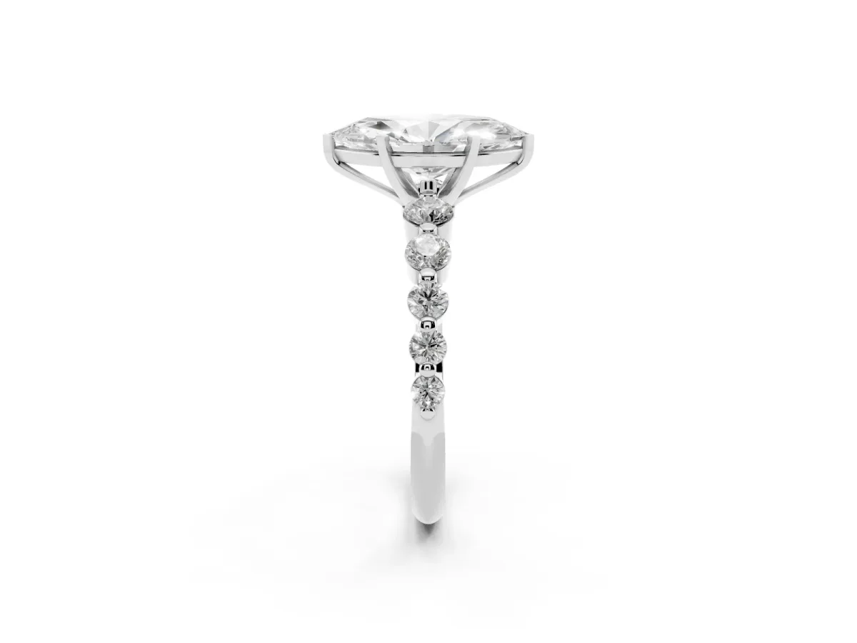 Marquise Cut Solitaire Diamond Ring with Pave Band and Four-Prong Setting Silver