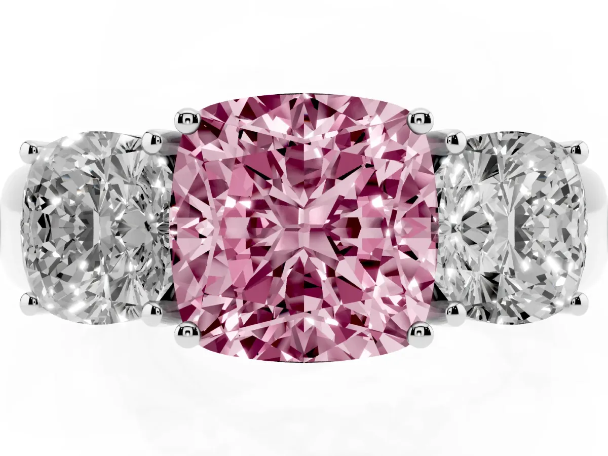Fancy Pink Three-Stone Cushion Cut Cut Diamond Ring with Prong Setting and Classic Band Platinum