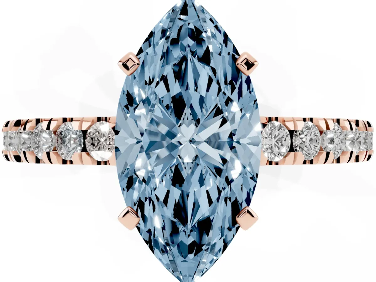 Fancy Blue Marquise Cut Solitaire Diamond with Pavé Band and Four-Prong Setting Rose gold