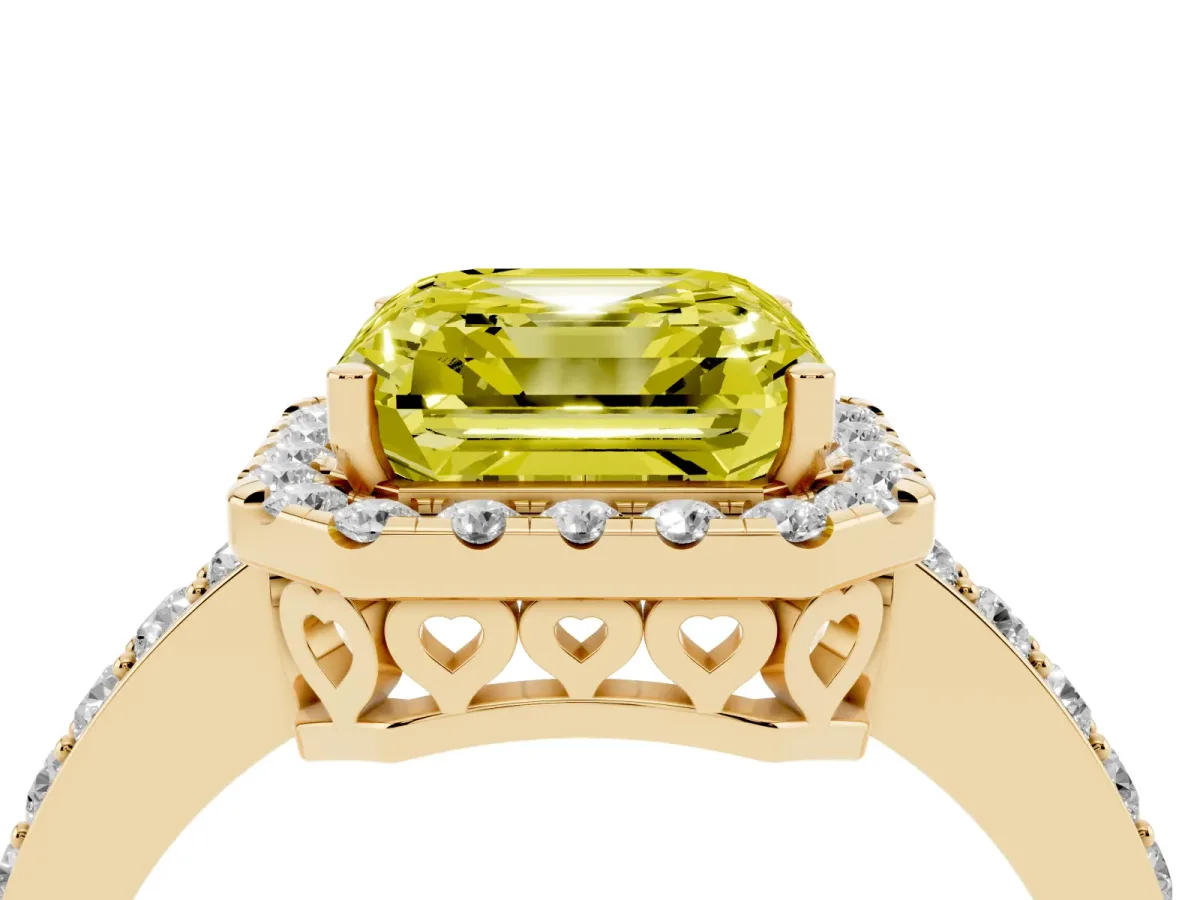 Fancy Yellow Asscher Cut Halo Diamond Pavé Band Ring with Prong Setting Yellow gold