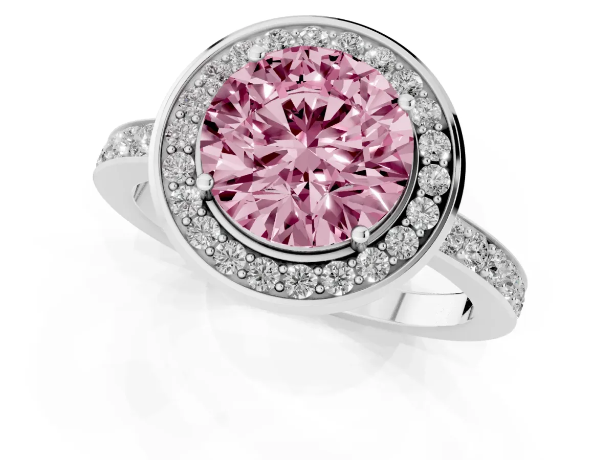 Fancy Pink Round Cut Diamond Halo Ring with Bezel Frame and Pavé Band Silver