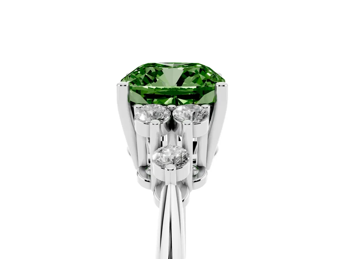 Fancy Green Cushion Cut Cut Diamond Cluster Ring with Solitaire Band and Four-Prong Setting Silver