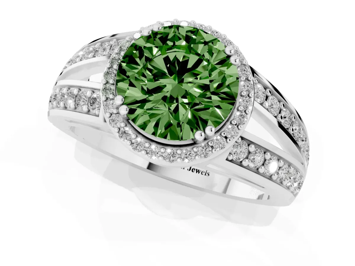 Fancy Green Round Cut Diamond Halo Ring with Split Shank Pavé Band and Four-Prong Setting Platinum
