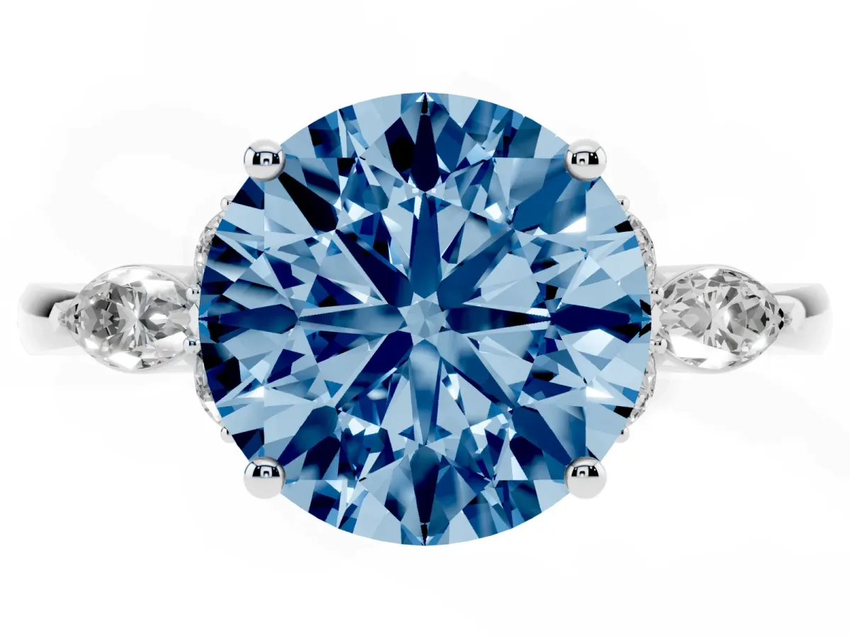 Fancy Blue Round Cut Brilliant Diamond Solitaire Ring with Pear Side Stones and Four-Prong Setting Silver
