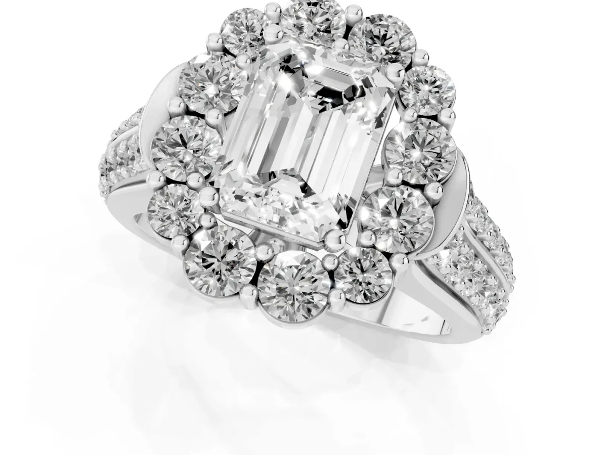 Emerald Cut Halo Diamond Engagement Ring with Split Shank and Prong Setting Silver