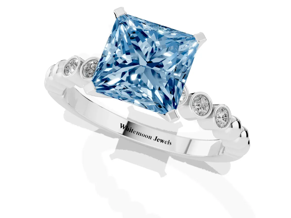 Fancy Blue Princess Cut Solitaire Bezel Accent Diamond Engagement Ring with Beaded Band and Four-Prong Setting Platinum