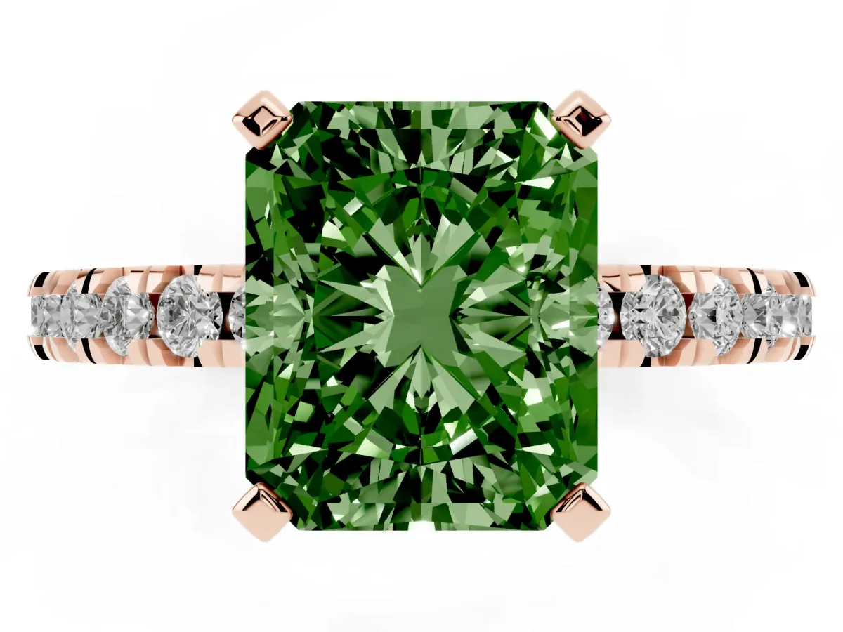 Fancy Green Radiant Cut Diamond Pavé Band Solitaire with Four-Prong Setting Rose gold