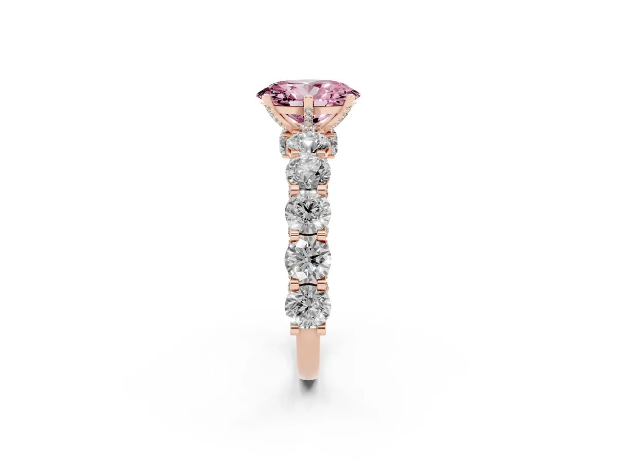 Fancy Pink Oval Cut Diamond Side Stone Engagement Ring with Four-Prong Setting Rose gold