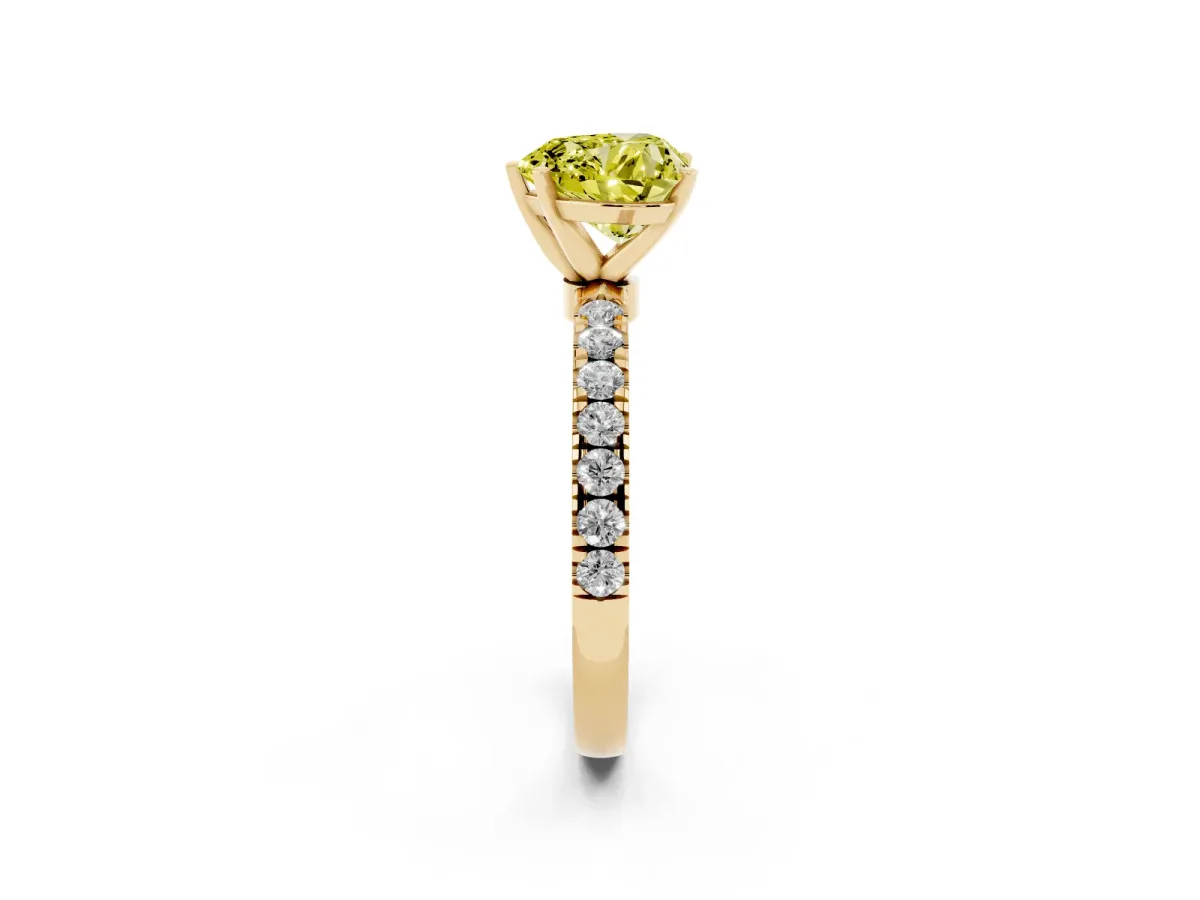 Fancy Yellow Heart Cut Diamond Solitaire Ring with Pavé Accents and Four-Prong Setting Yellow gold