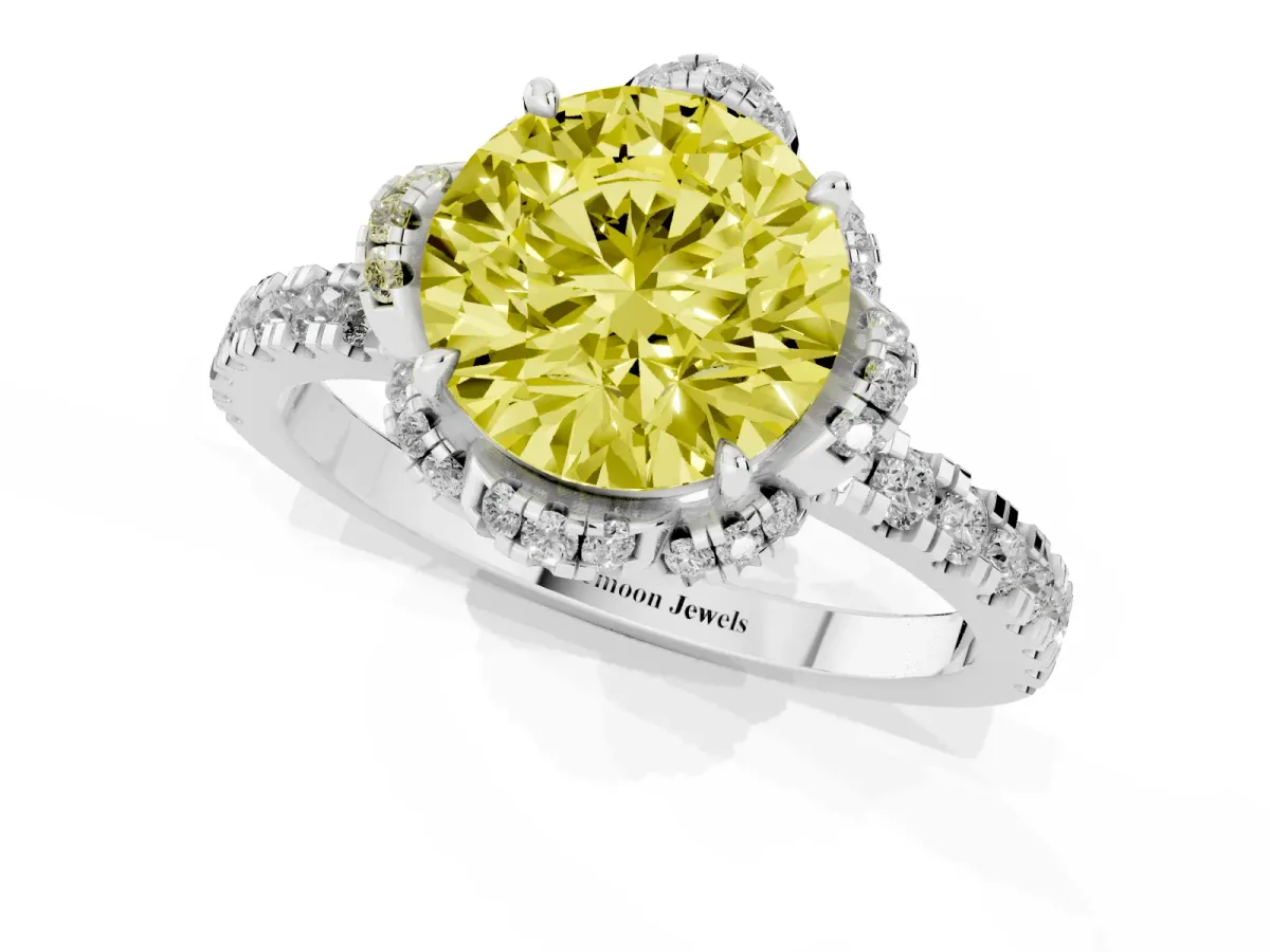 Fancy Yellow Round Cut Diamond Halo Pave Band with Four-Prong Setting Silver