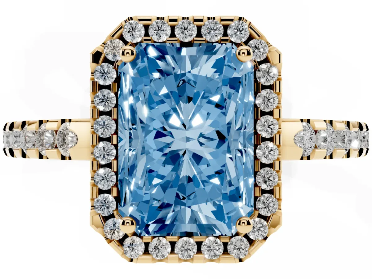 Fancy Blue Radiant Cut Diamond Halo Engagement Ring with Pavé Band and Prong Setting Yellow gold