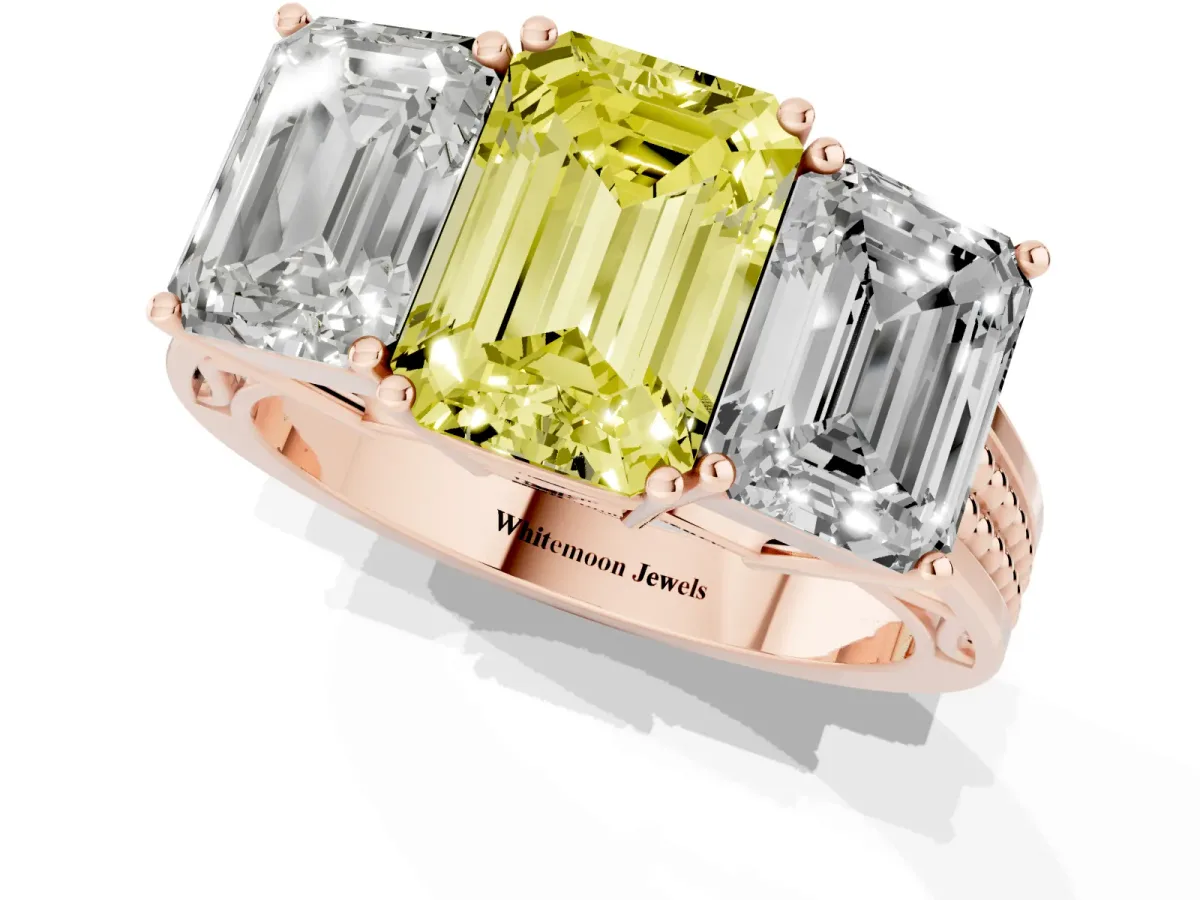 Fancy Yellow Emerald Cut Diamond Three-Stone Ring with Prong Setting and Textured Band Rose gold