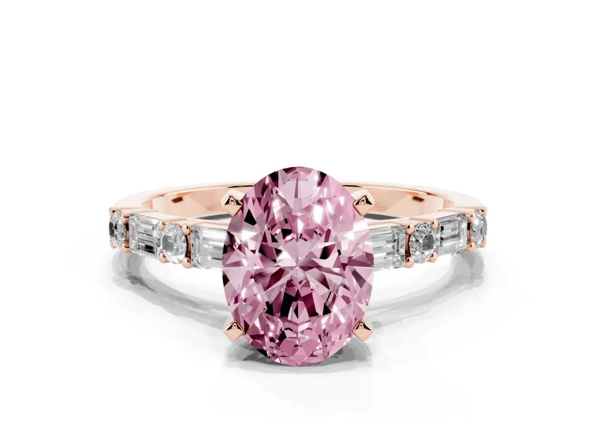 Fancy Pink Oval Cut Diamond Solitaire with Side Baguettes and Channel Set Band Rose gold