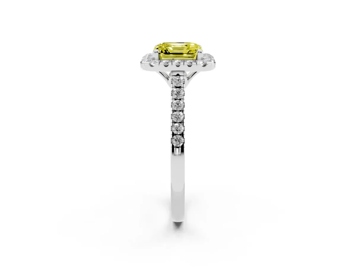 Fancy Yellow Asscher Cut Halo Pavé Diamond Engagement Ring with Four-Prong Setting Silver