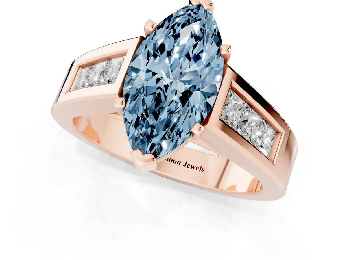 Fancy Blue Marquise Cut Cut Channel Set Solitaire Ring with Four-Prong Setting Rose gold