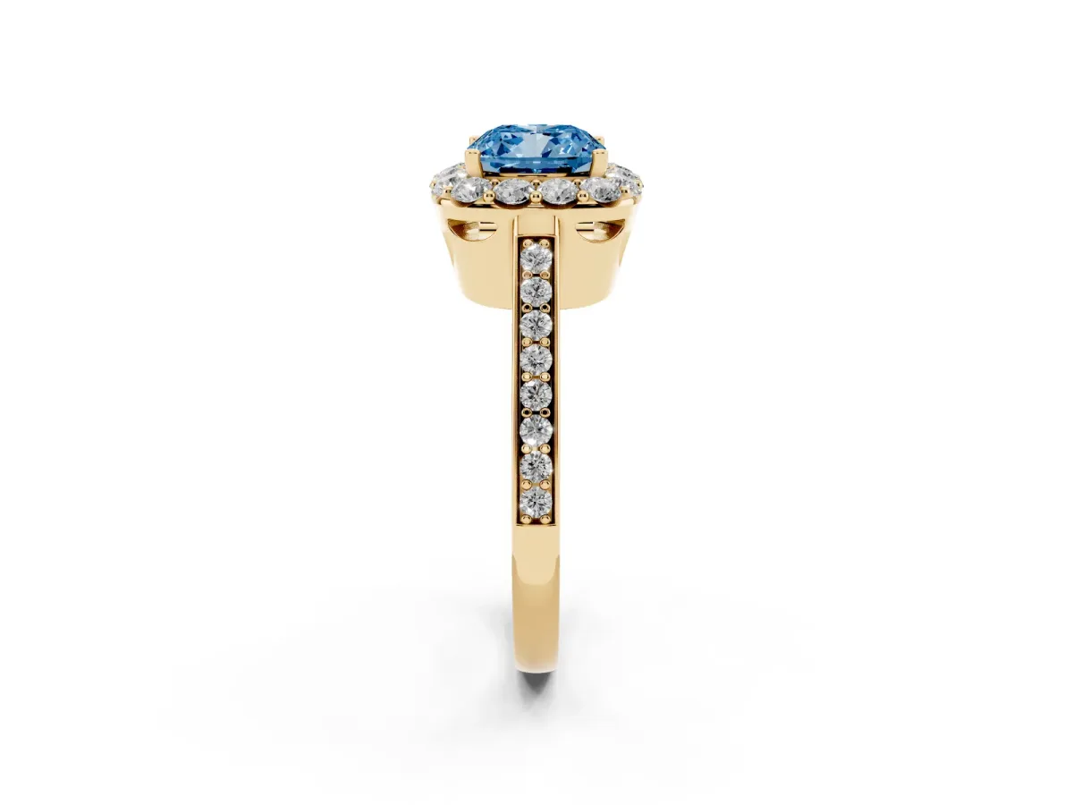 Fancy Blue Cushion Cut Diamond Floral Halo Ring with Pavé Band and Prong Setting Yellow gold