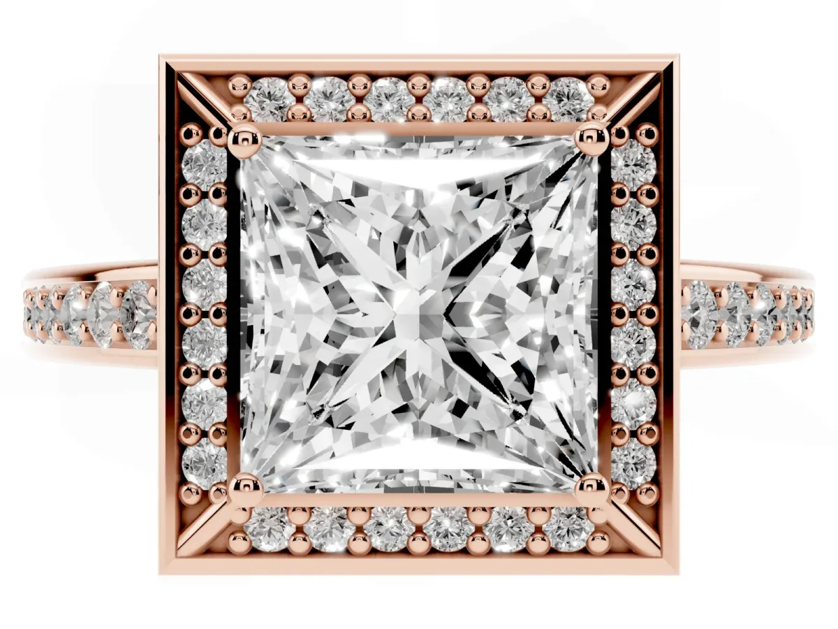 Princess Cut Cut Halo Pave Split Shank Prong Setting Ring Rose gold