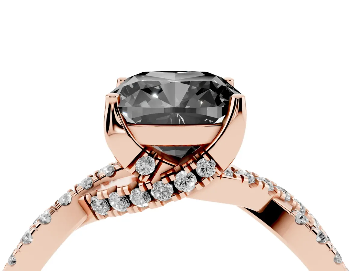 Fancy Black Cushion Cut Solitaire Twist Pave Diamond Engagement Ring with Prong Setting Rose gold