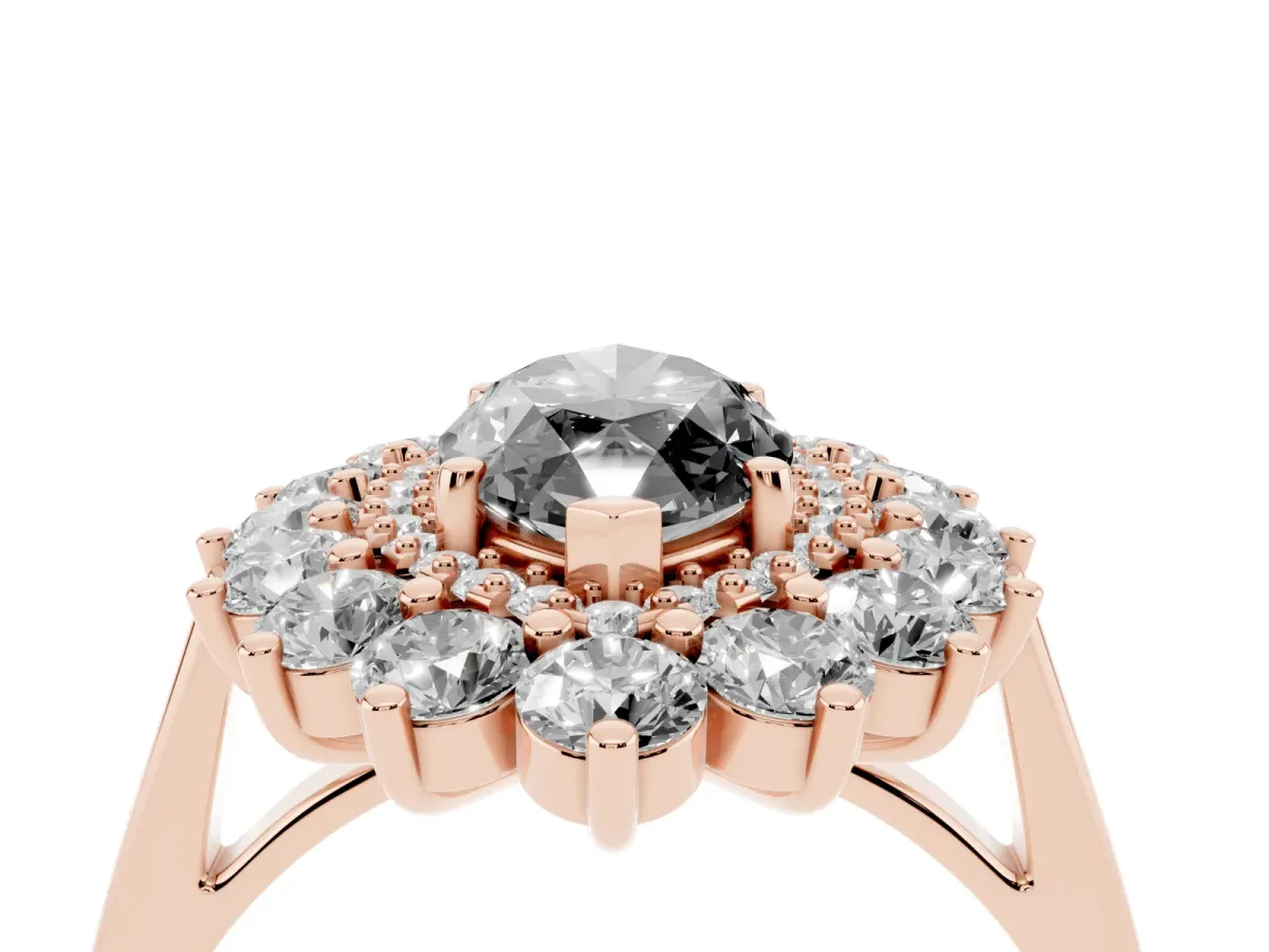 Fancy Black Marquise Cut Diamond Floral Double Halo Engagement Ring with Prong Setting Rose gold