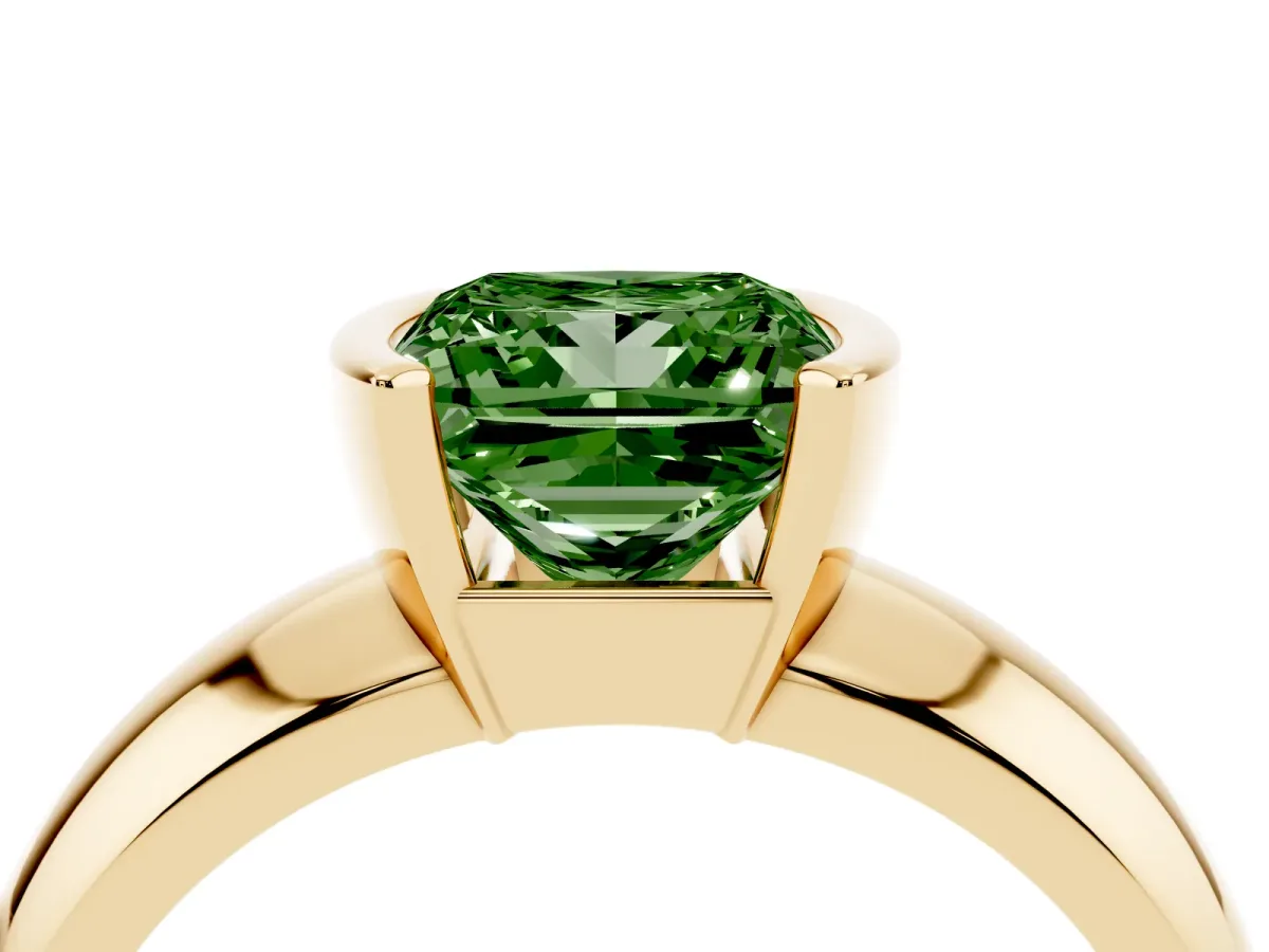 Fancy Green Princess Cut Solitaire Tension Set Diamond Ring with Wide Band Yellow gold